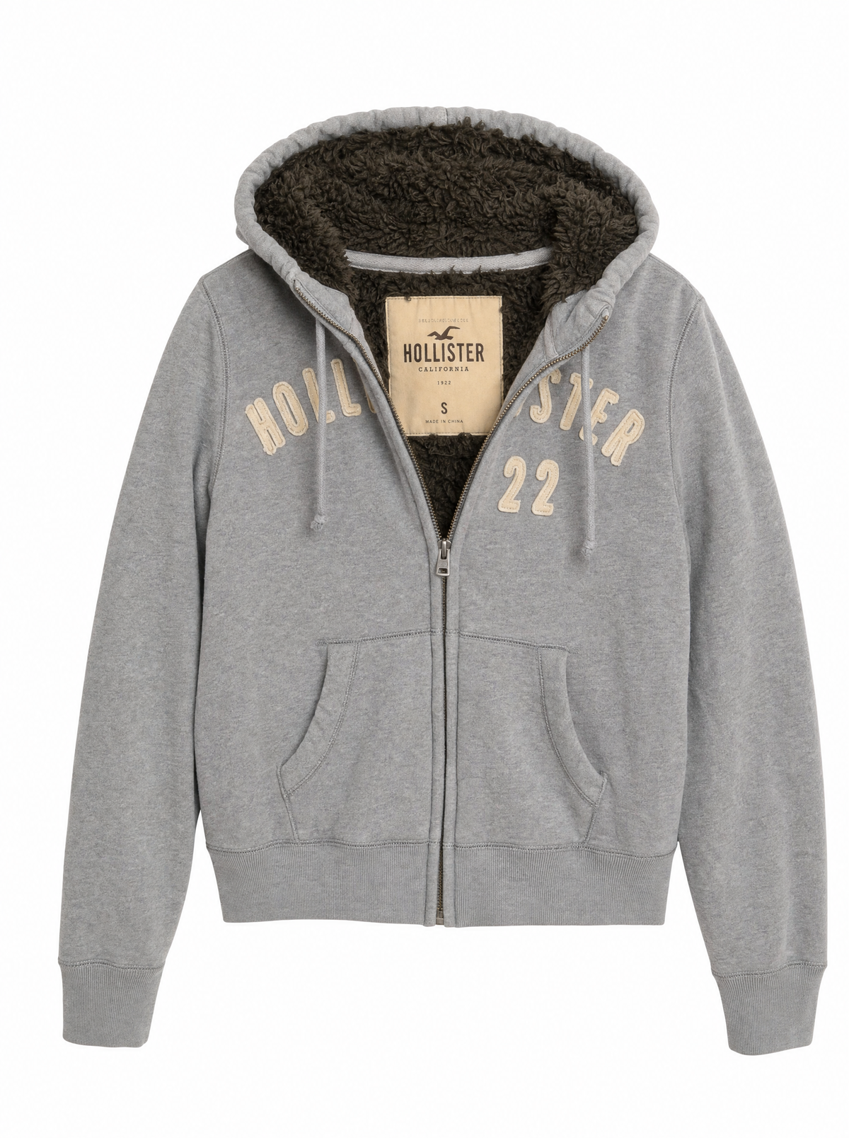 Gray sherpa-lined jacket, front view