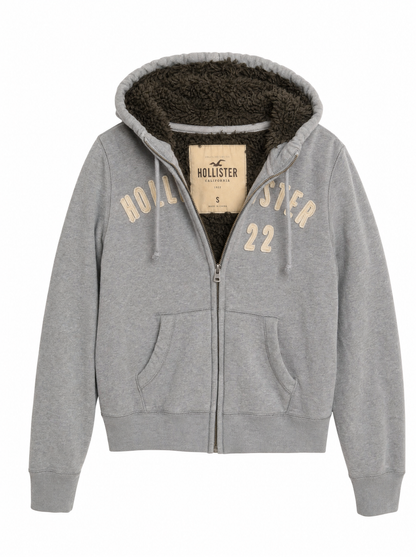Gray sherpa-lined jacket, front view